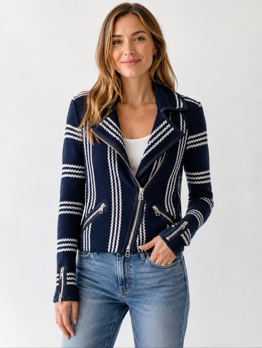 Veronica Beard Bailey Striped Knit Moto Jacket Navy Ivory XS $550